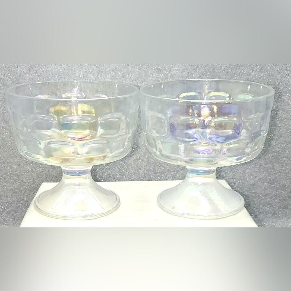 Vintage 4pc Aurora Iridescent Footed Dessert Cups Thumbprint Optic Federal Glass - Picture 3 of 9